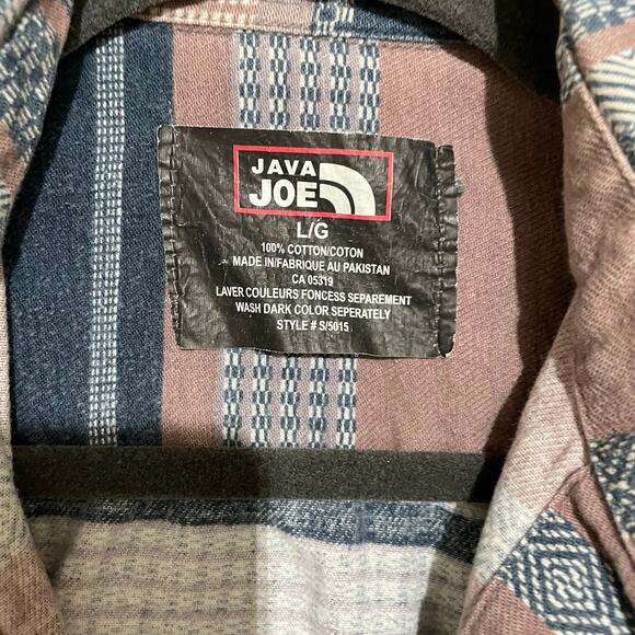 Java Joe Southwestern Print Flannel Tan Blue Striped Button Up Large Aztec Indie - Picture 3 of 8